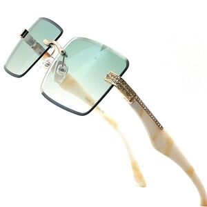 Rimless Rectangle Sunglasses Green Lens Rhinestone Accents Fashion Shades Lentes
